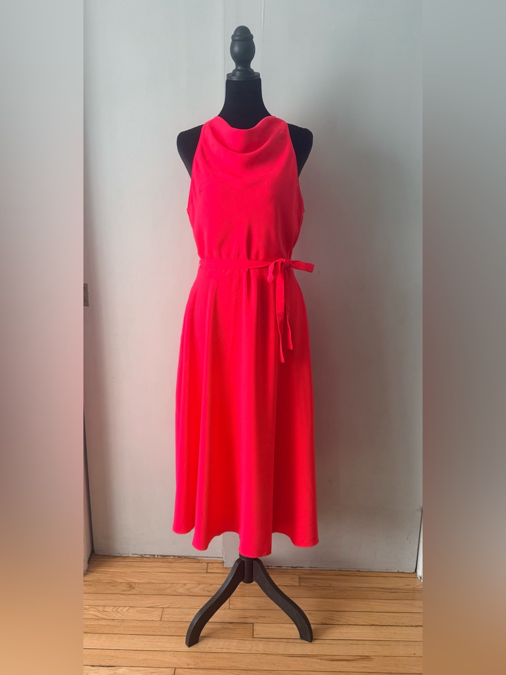 Amanda Uprichard Neon Pink Cowl Neck Midi Dress with Self-Tie Waist